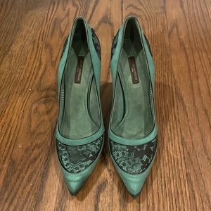 Louis Vuitton, green suede lace heels never worn